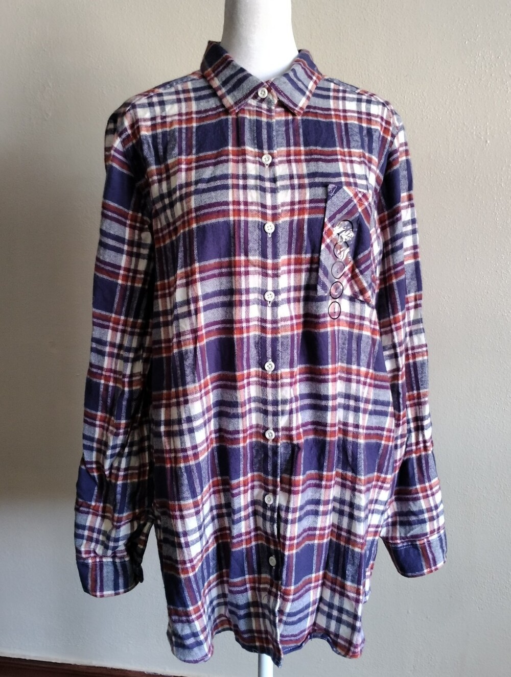 Natural Reflections Navy, White & Red Cotton Plaid Button Up Shirt Womens Large